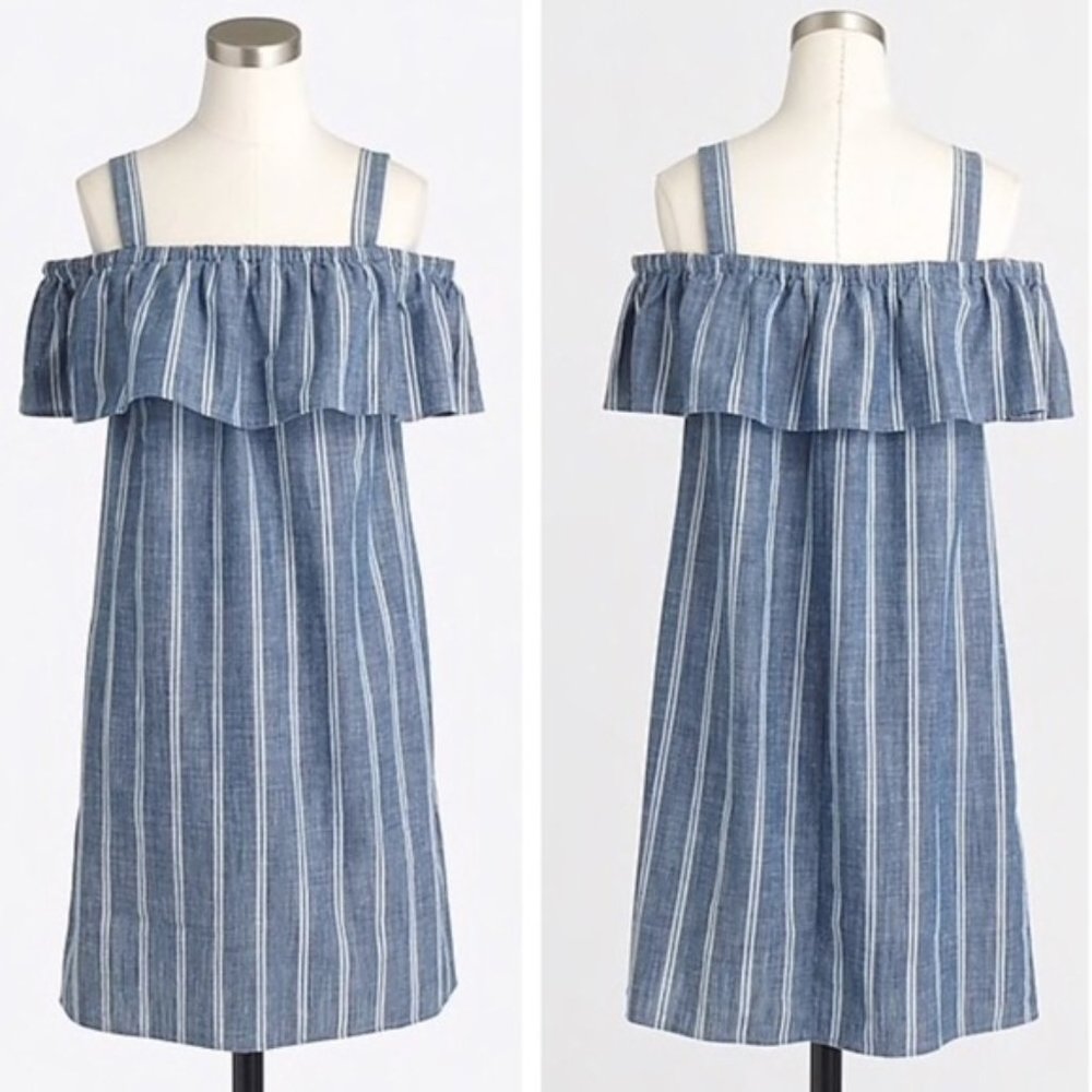 JCREW FACTORY Striped Chambray Ruffle Dress